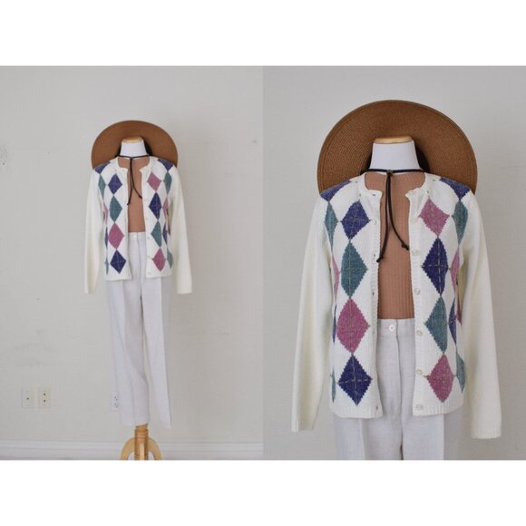 Vintage 90s Acrylic Argyle Cardigan |size PS‎ - Picture 1 of 10